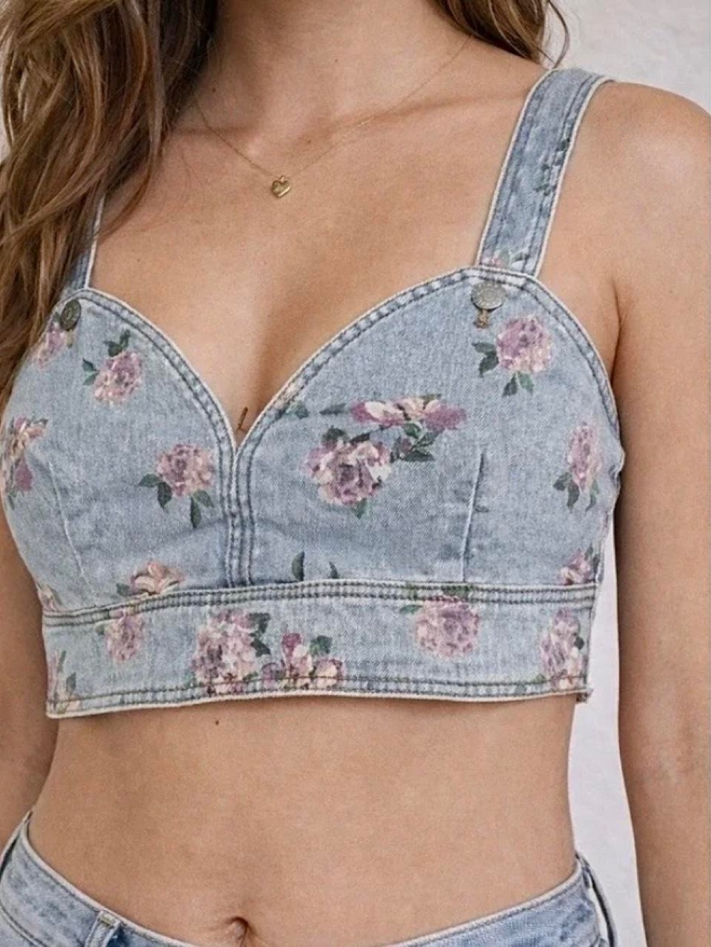 wild fable Light Wash Denim Floral Cropped Bustier